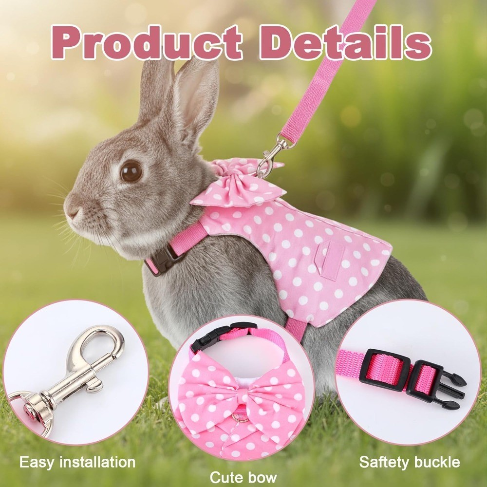 Pink Polka Dot Rabbit Harness and Leash Set Cute Easter Bunny Suit with Bow for