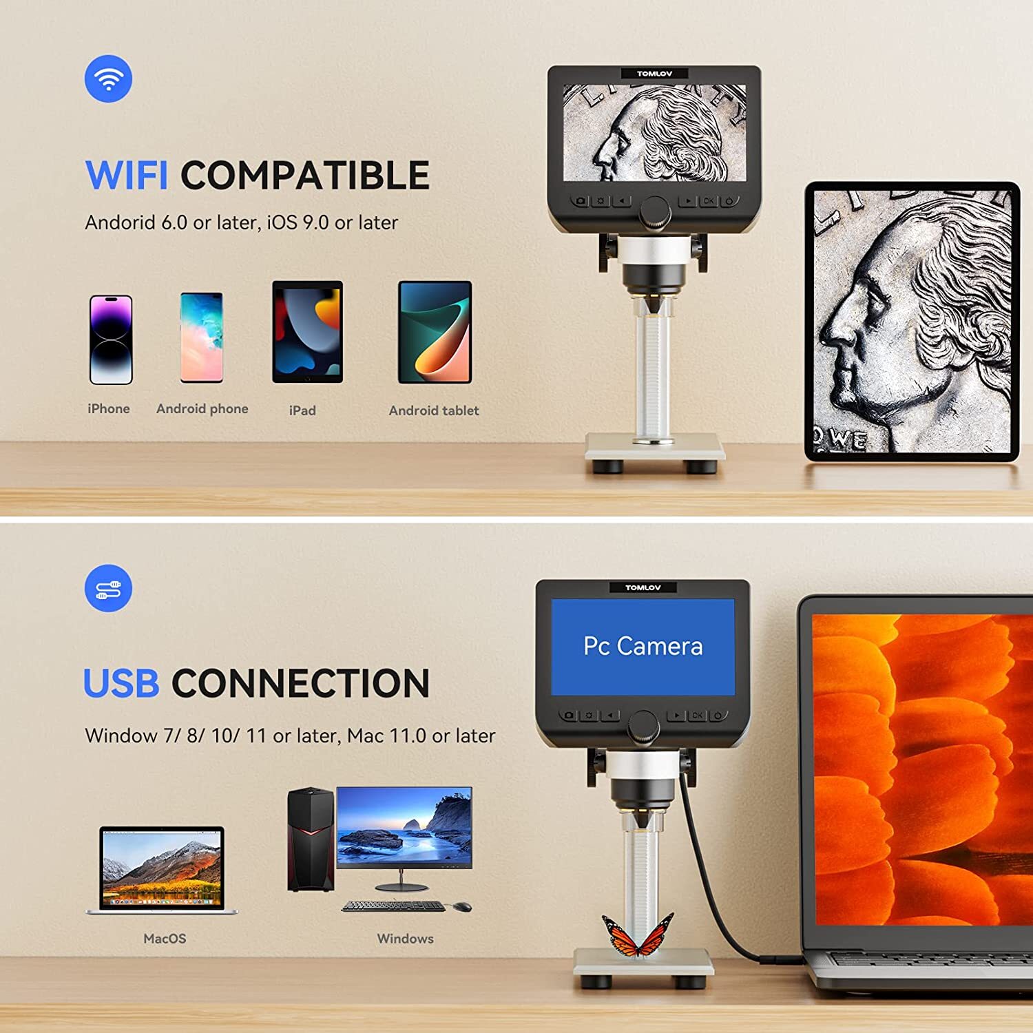 TOMLOV WIFI 1000x Digital Microscope Coin Magnifier solder workbench 4.3" Screen