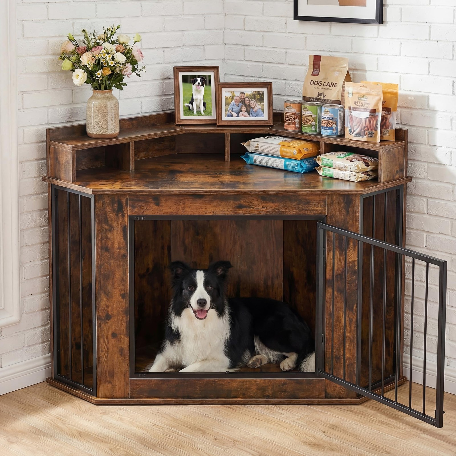 Corner Dog Crate Furniture Wooden 2-Tier Storage Shelves Anti-Chew TV Stand