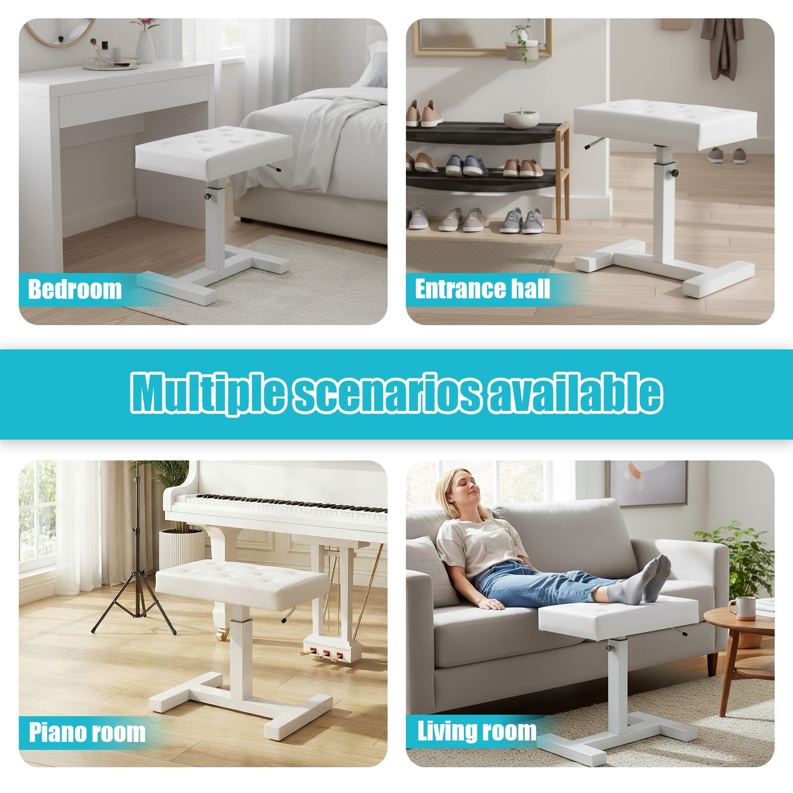 Hydraulic Lifting Piano Bench Height Adjustable Keyboard Bench Seat Stool(White)
