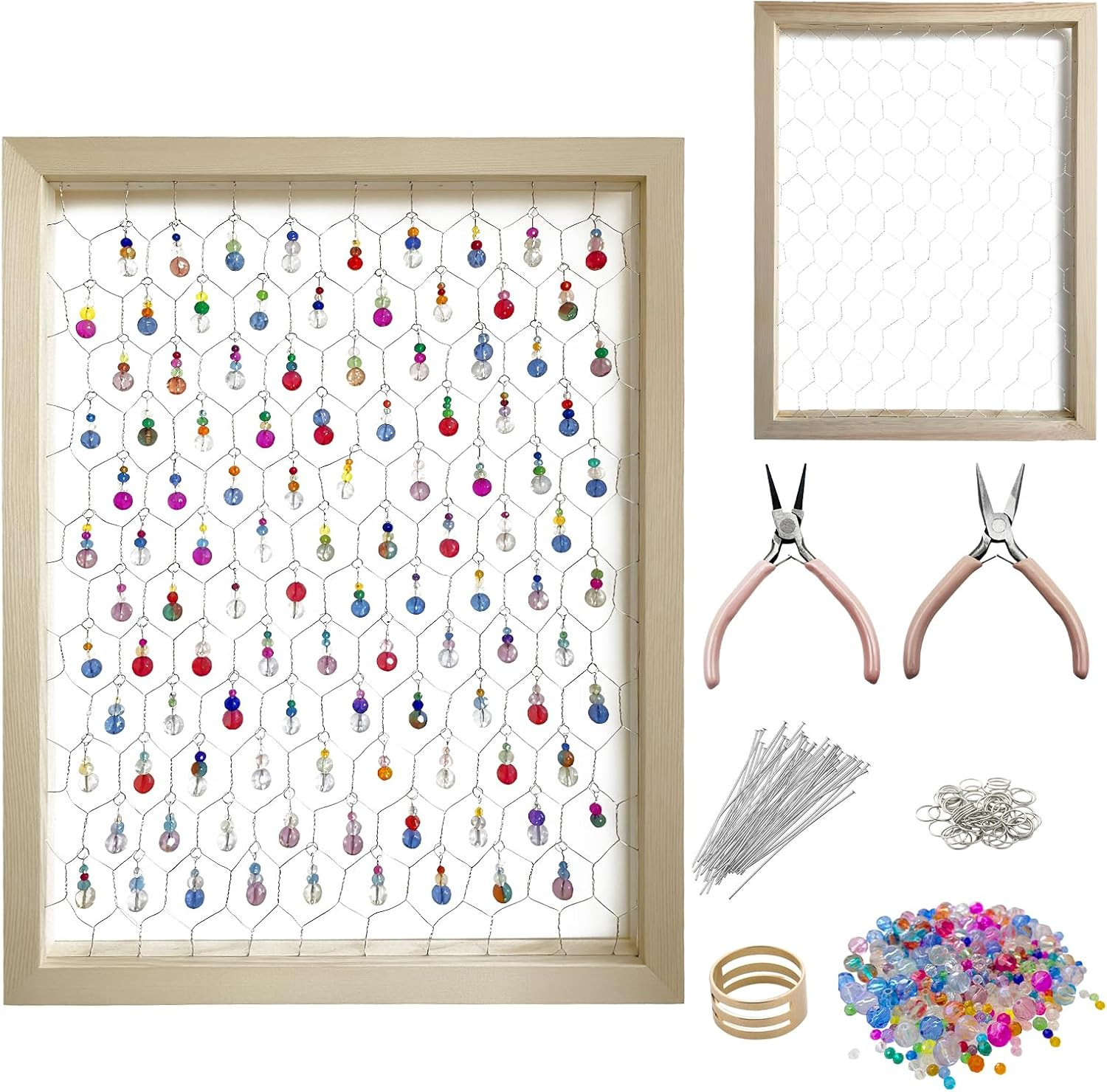Chicken Wire Frame Craft Kit with Glass Beads - Unfinished Wooden Decor 17x13in