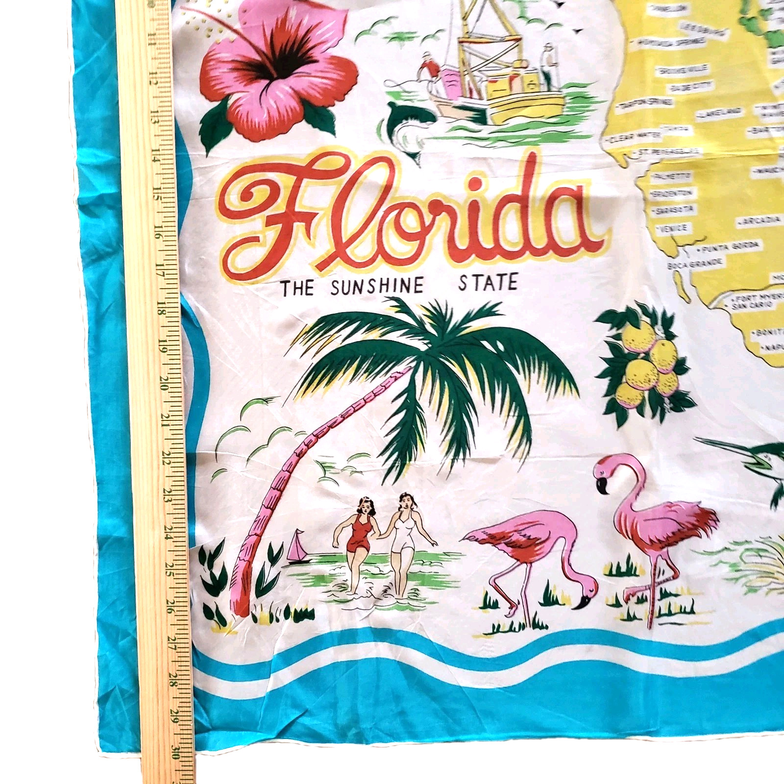 Vintage MCM Florida Map Scarf Rayon Turquoise Blue Hand Rolled Japan 30"X30"