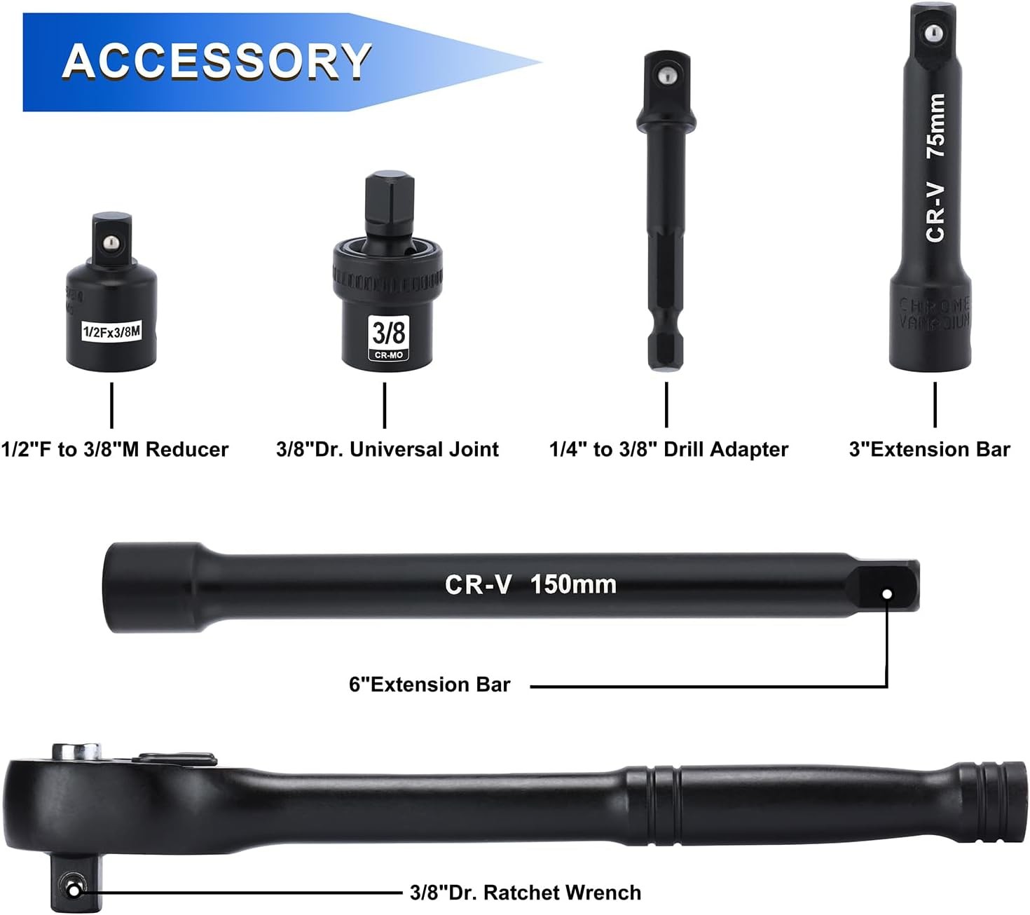3/8” Drive Impact Socket Set 50PCS Standard SAE(5/16”-3/4”)& Metric Size(8-22mm)