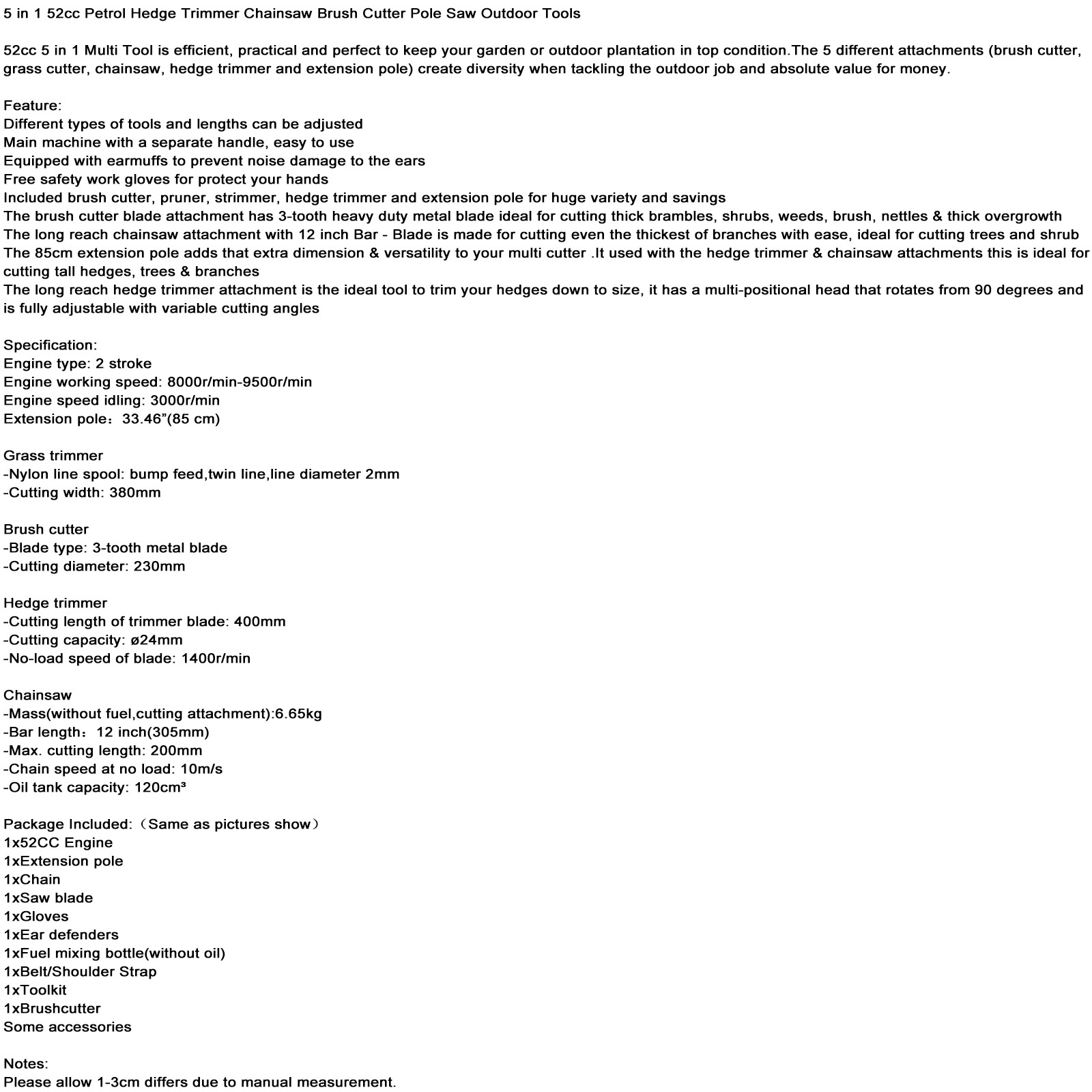 5 in 1 52cc Petrol Hedge Trimmer Chainsaw Brush Cutter Pole Saw Outdoor Tools