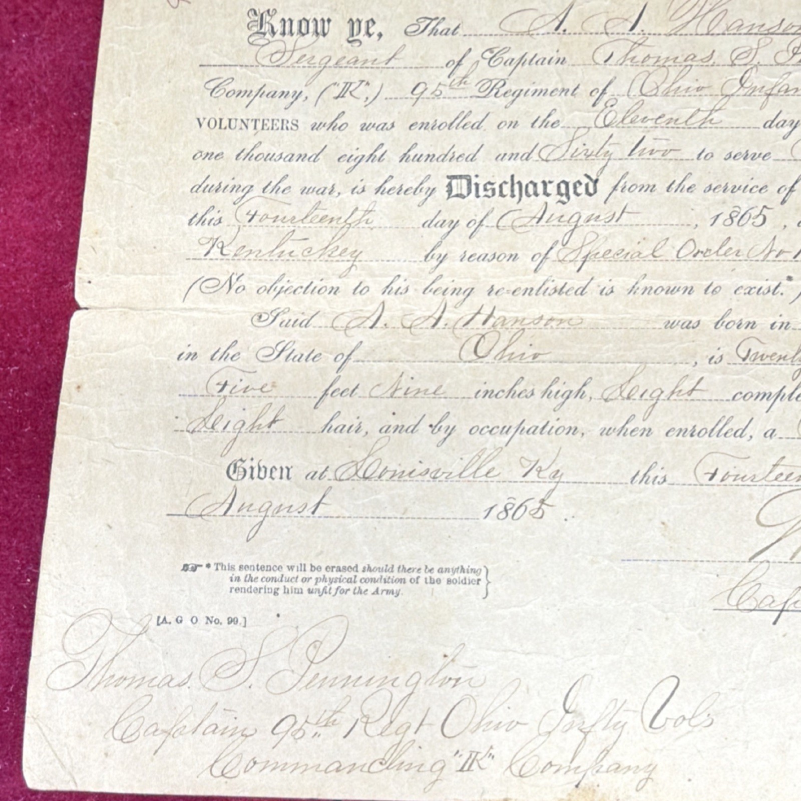 United States Military Discharge Paper Silver War Era Dated August 1865