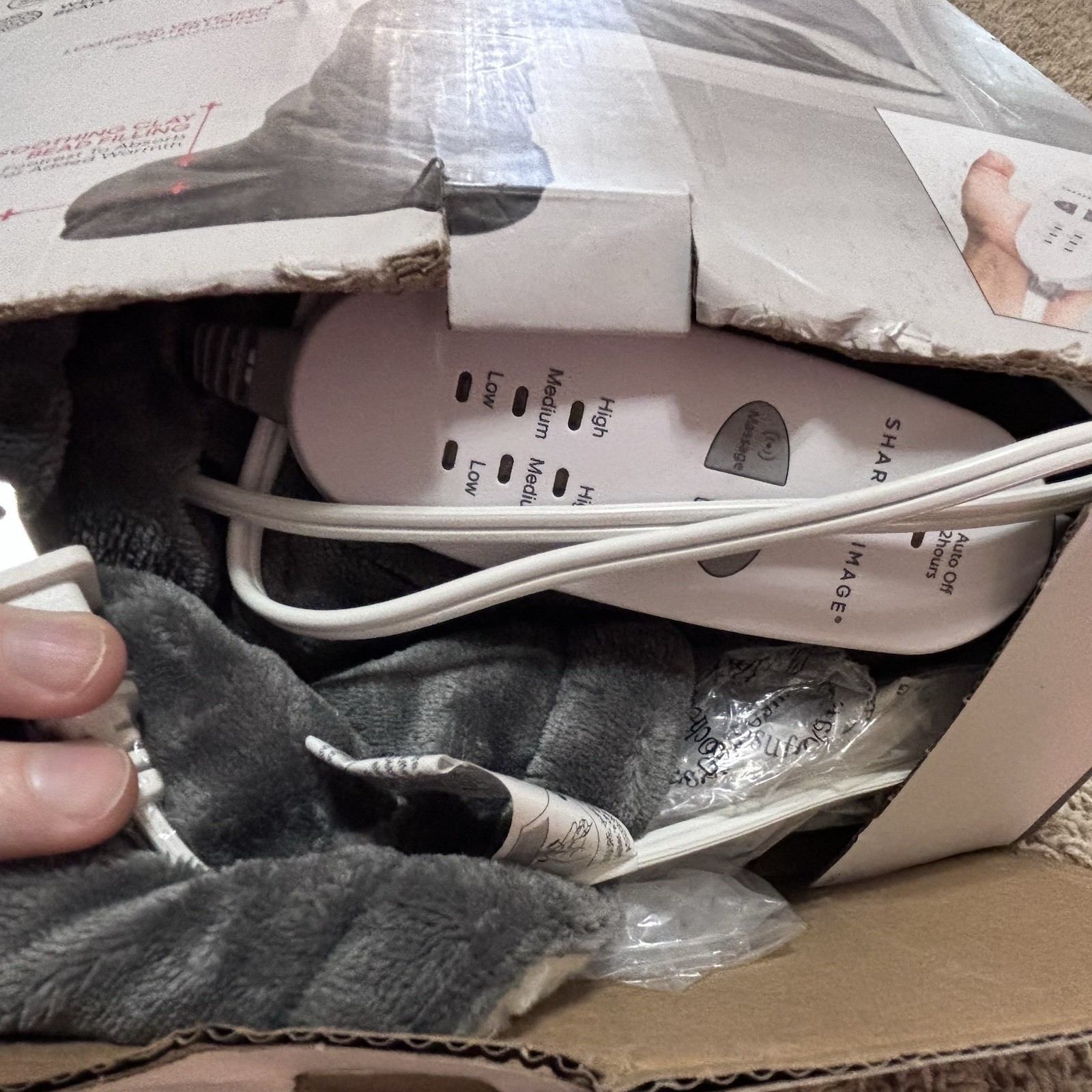 Sharper Image Calming Cozy Massaging Heating Wrap Grey with Sherpa Lining