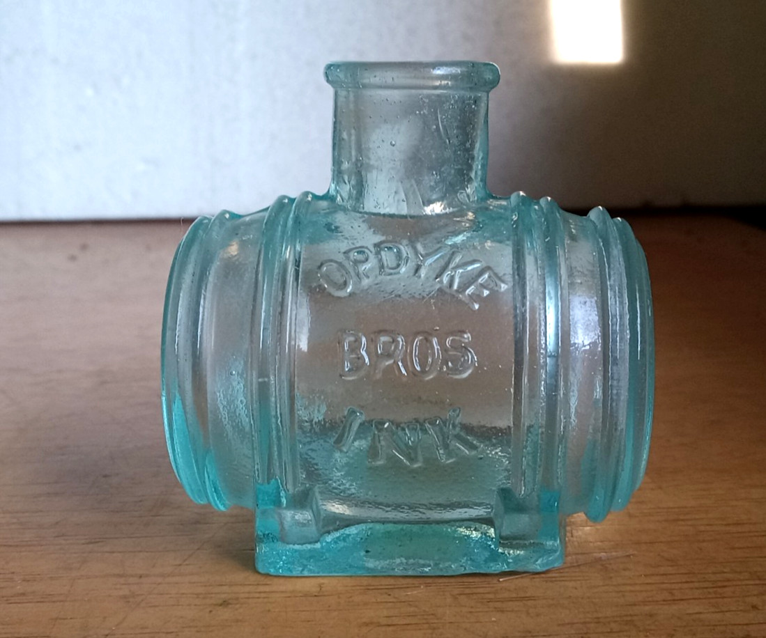 OPDYKE BROS INK 1880 AQUA BARREL FIGURAL INK BOTTLE FRENCHTOWN,NJ?