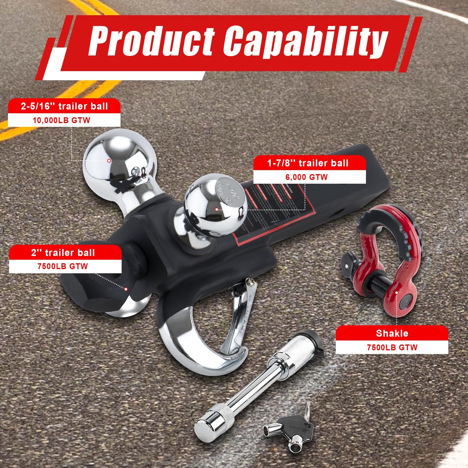 Tri Ball Hitch Trailer Mount w/ Lock, Tow Hook & Clevis Shackle Fits 2" Receiver