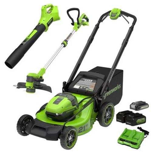 Greenworks POWERALL 3pc Combo Kit - 21" Lawn Mower 12" String Trimmer 320 CFM Le
