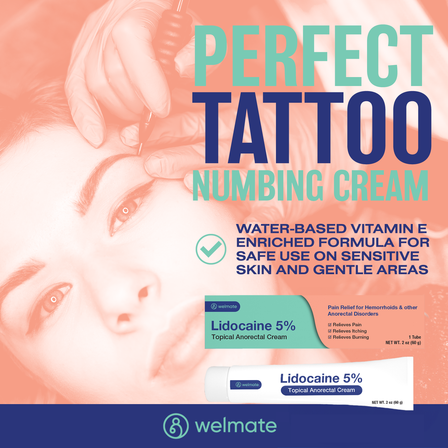 WELMATE Pain Relief, 5% Lidocaine Numbing Cream, Topical Anesthetic, 2oz