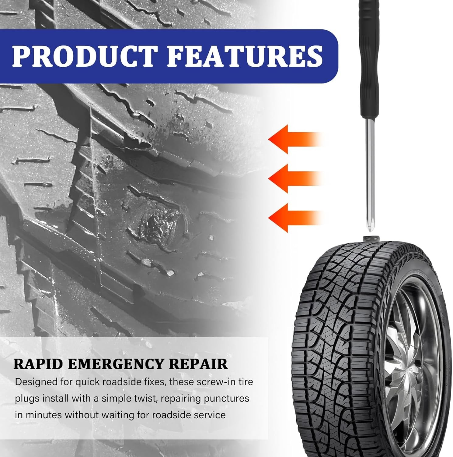 100PCS Tire Repair Screws Kit With Screwdriver 3 Sizes Rubber Plugs Flat Tires