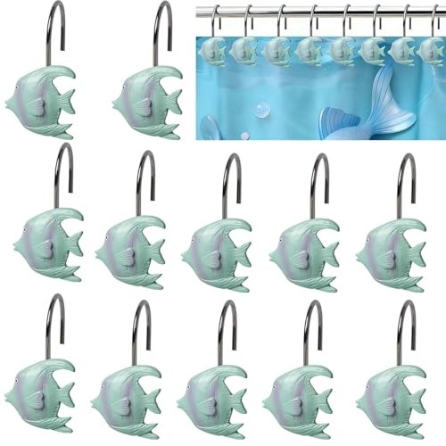 Fish Shower Curtain Hooks -12 PCS Resin Rust Proof Nautical Beach Theme Shower