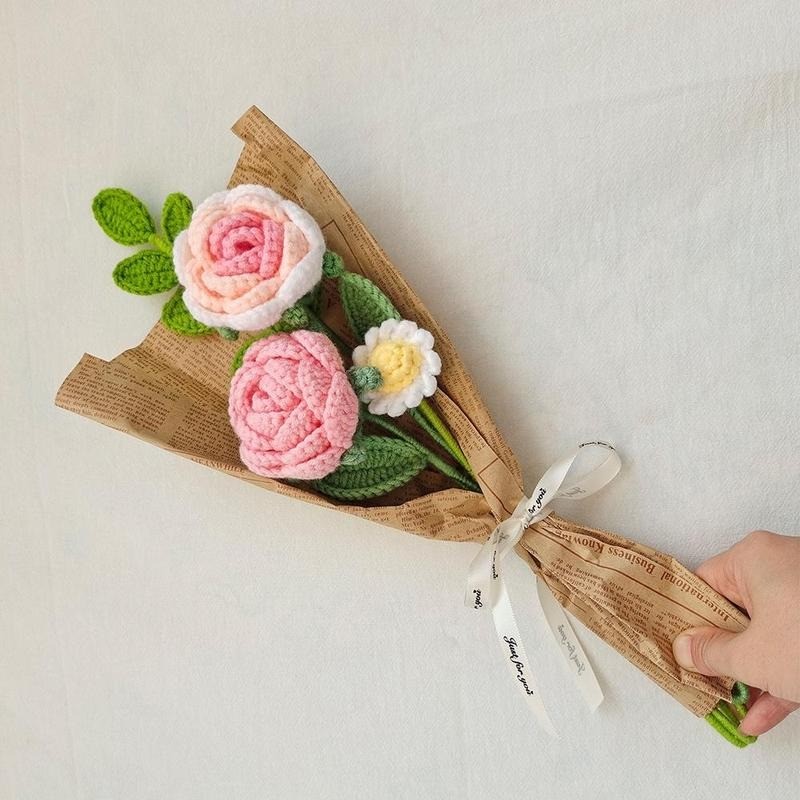 Knitting Crochet Artificial Flower Bouquet for Anniversary Housewarming Mom Gift