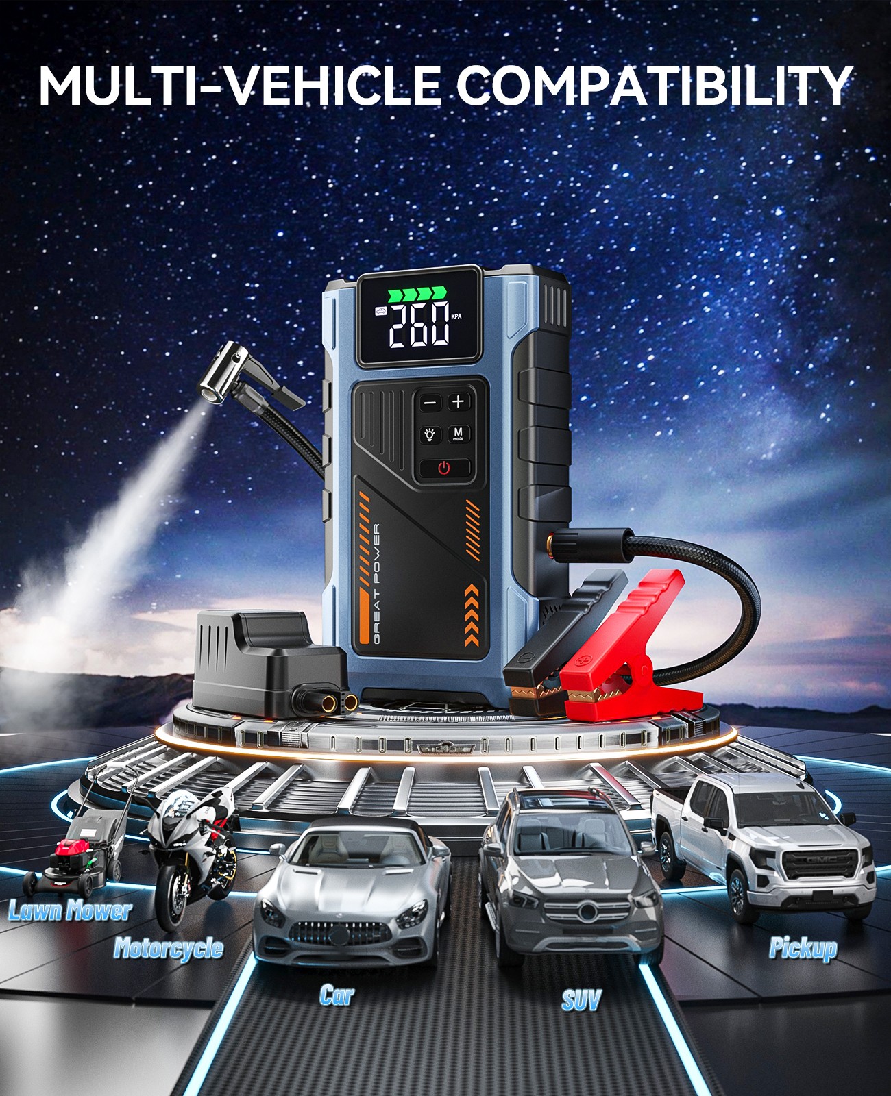 6000A Car Battery Charger Jump Starter with Air Compressor & Portable Power Bank