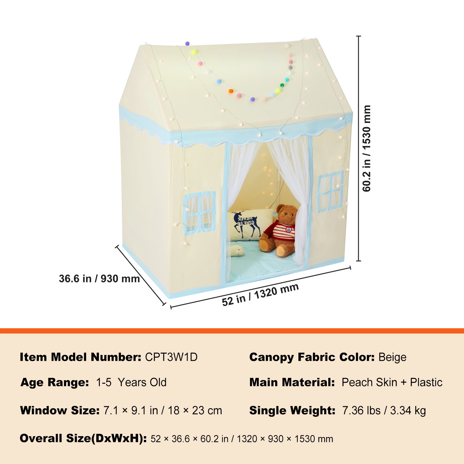 Kids Play Tent Kids Tent for 1-5 Years Old Toddler Tent with Mat and Lamp