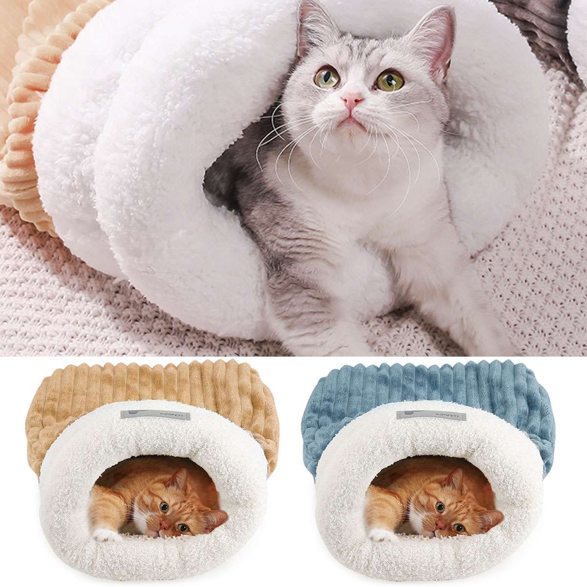 Cat Bed Round Plush Fluffy Cat Bed Cave Winter Warm Soothing Pet Beds Washable