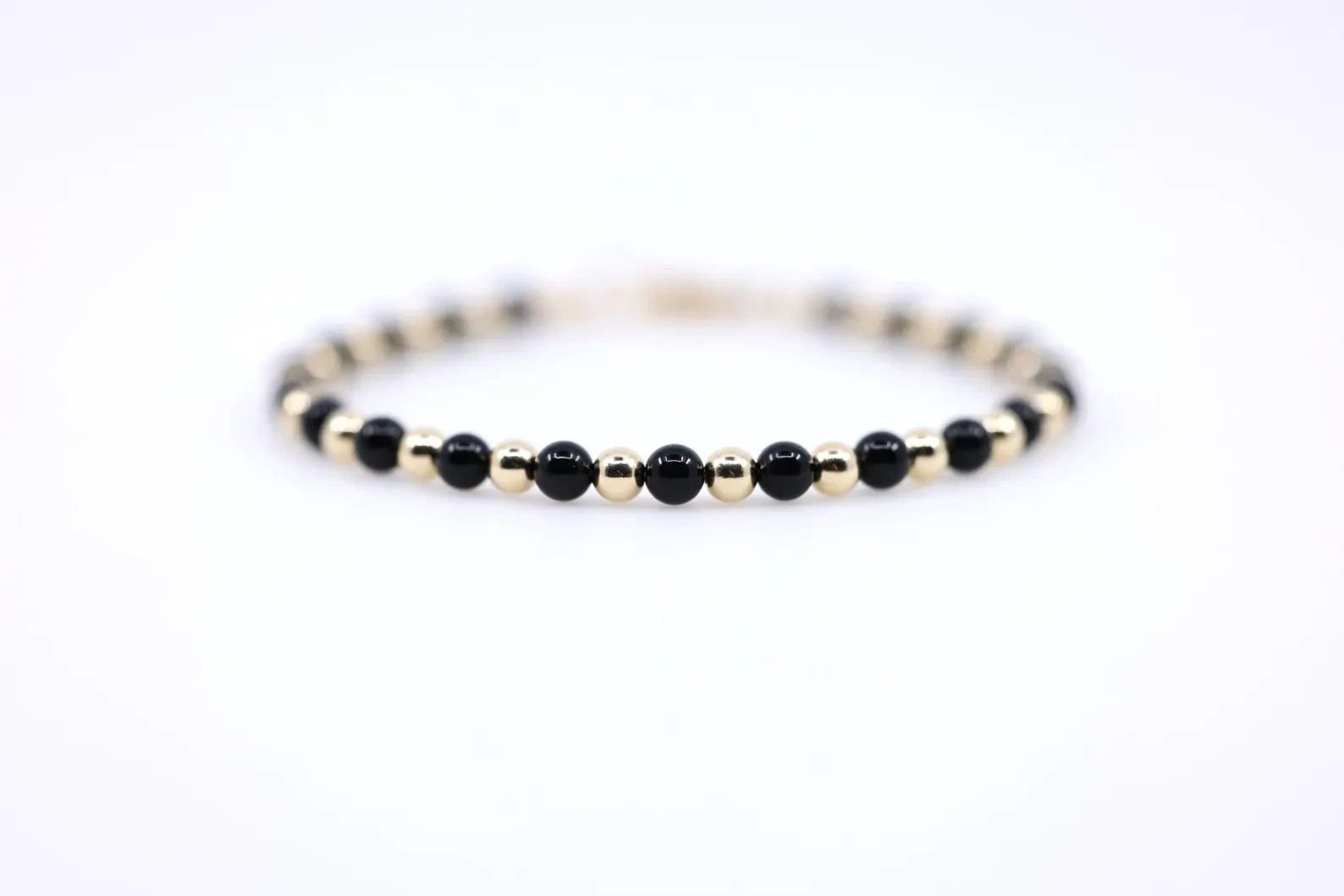 14K Solid Gold & Black Onyx Bracelet | 4mm Round Gemstone Beads, Gift for Self