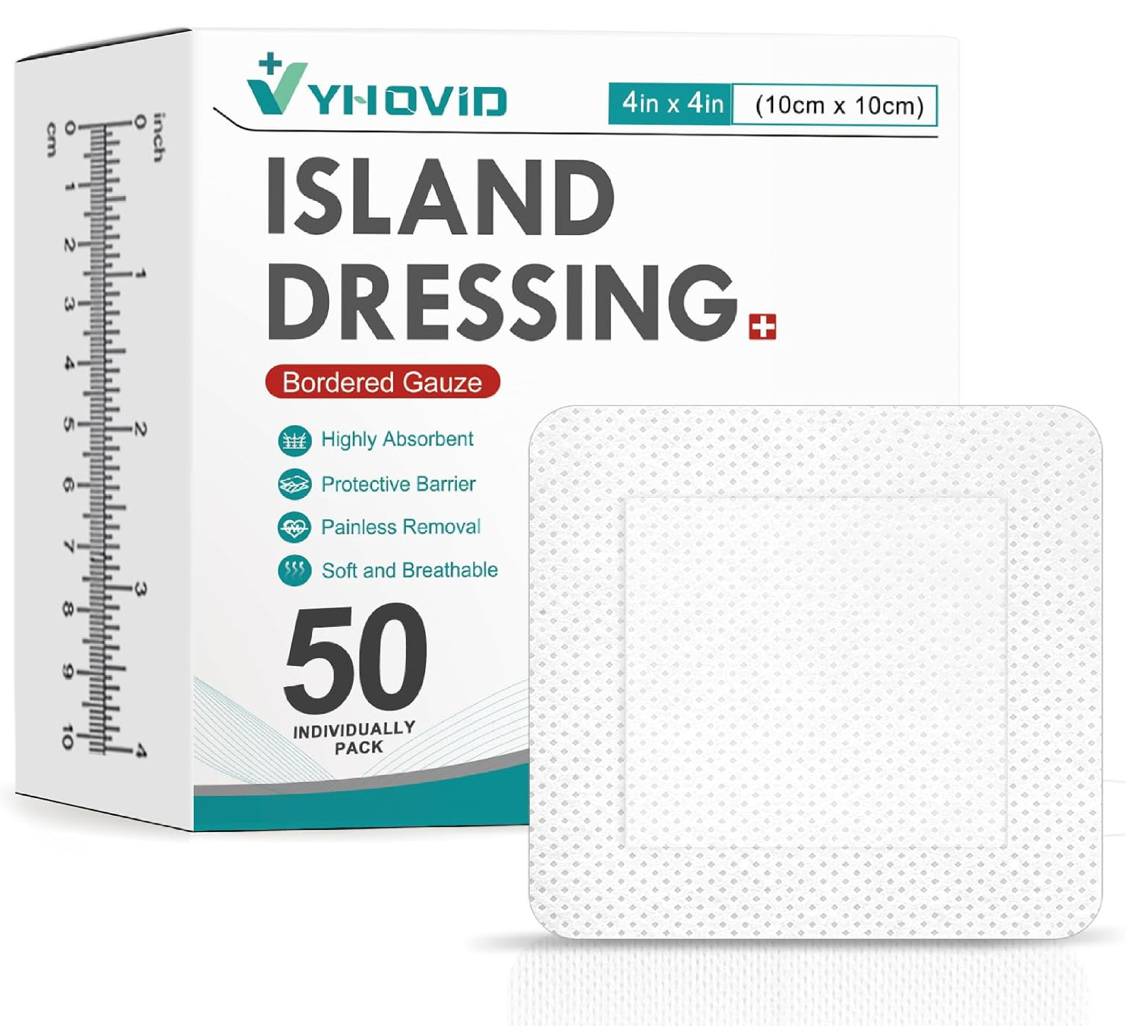 50 Count Island Dressing Bordered Gauze 4" x 4", Gauze Pads Individually Wrapped