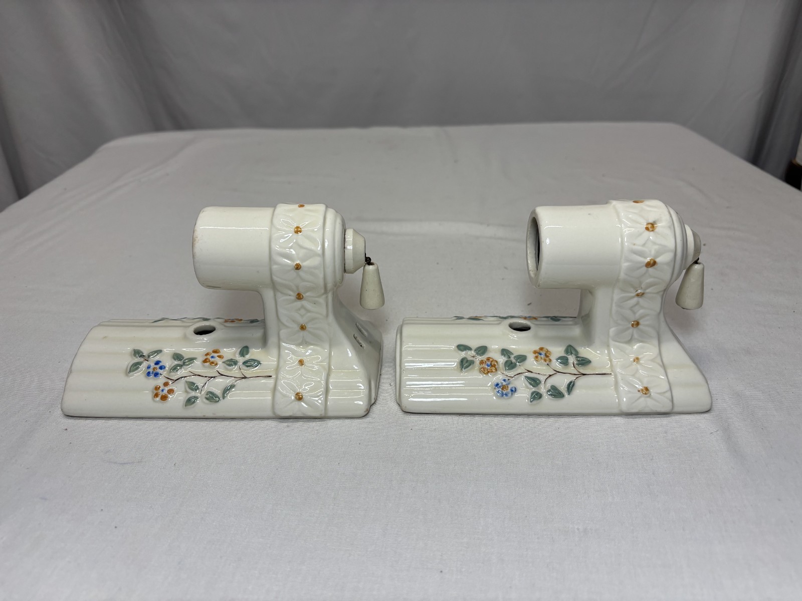 Vtg Porcelain Wall Sconce Pair Bathroom Light Fixture Floral Art Deco USA #L58
