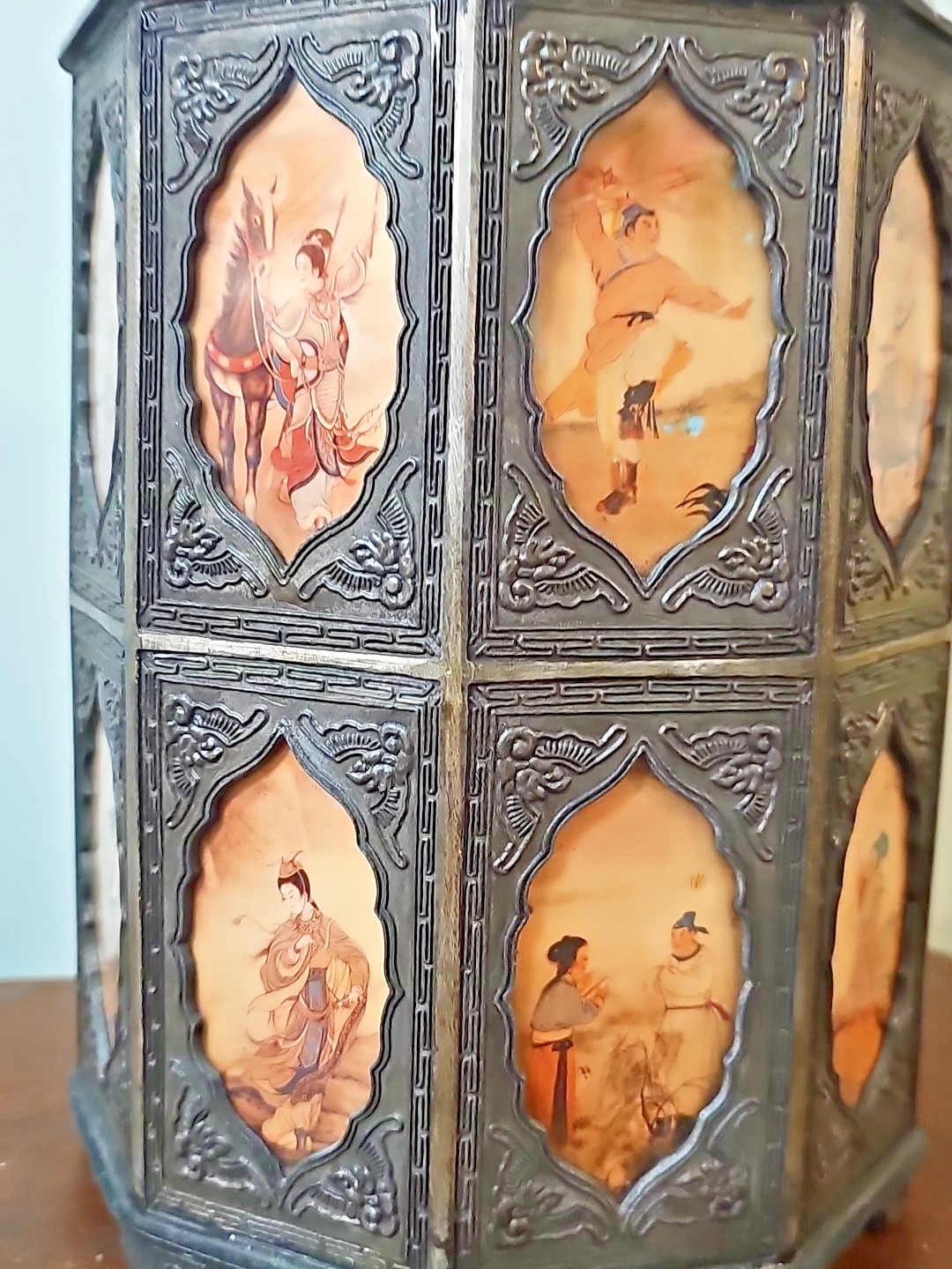 Antique Pewter Tea Caddy Canister w/ 18 Glass Scenes Reverse Painted Panels LAMP