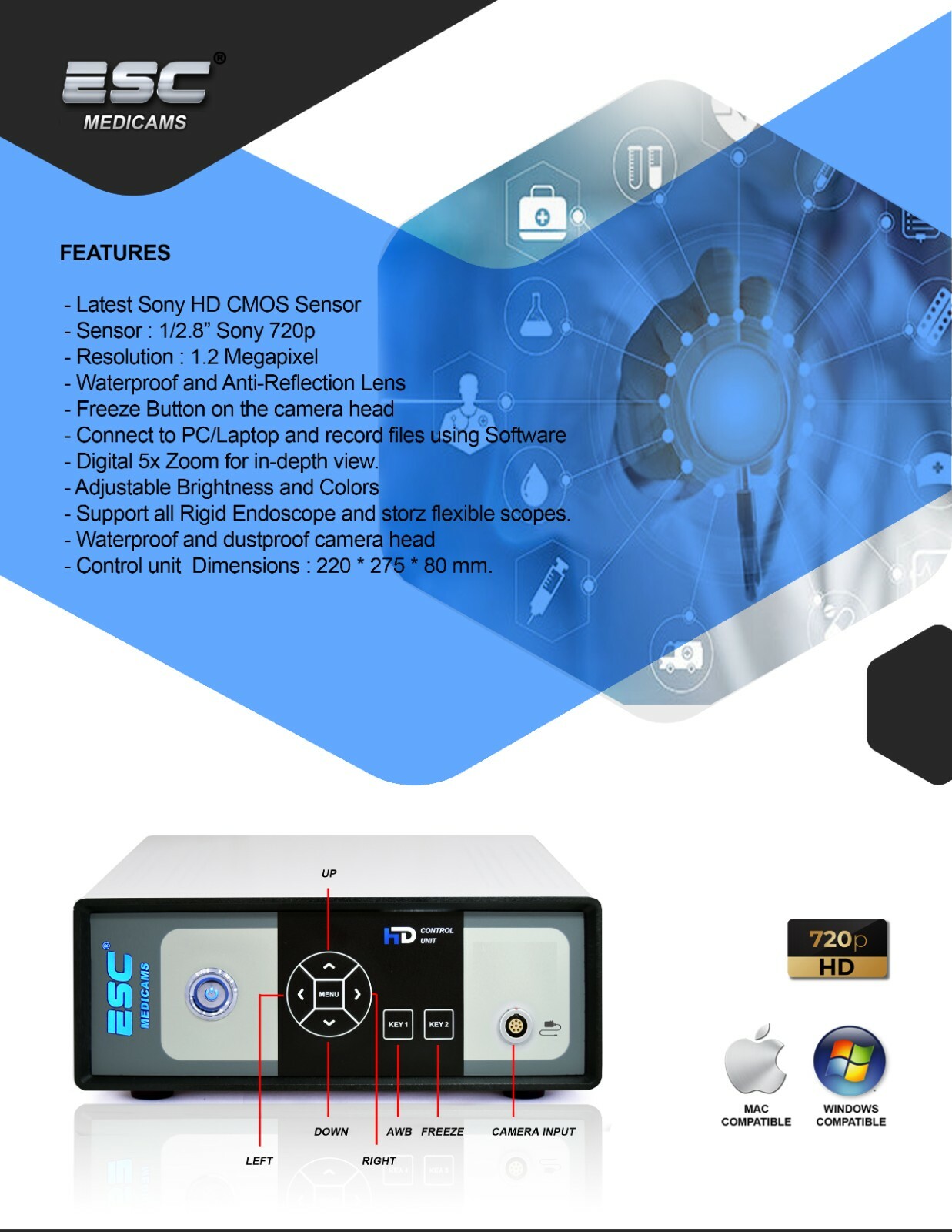 Endoscopy Camera HD 1.2mp for Storz ENT Rigid Endoscope HDMI USB Record in PC