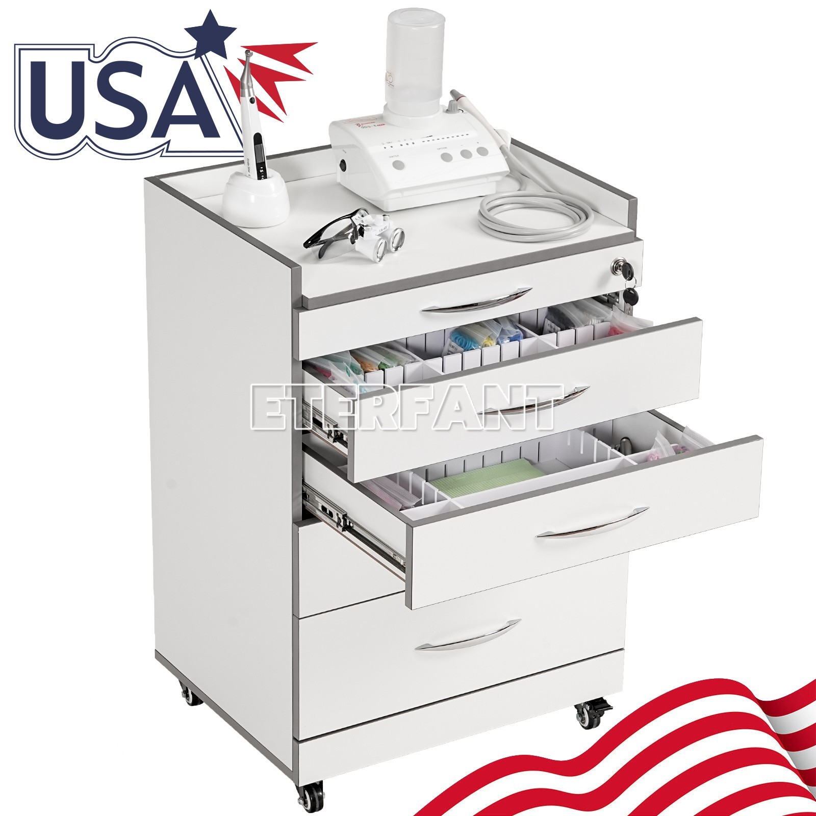 4/5 Drawers Dental Medical Trolley Acrylic Wooden Cabinet Rolling Cart w/Socket