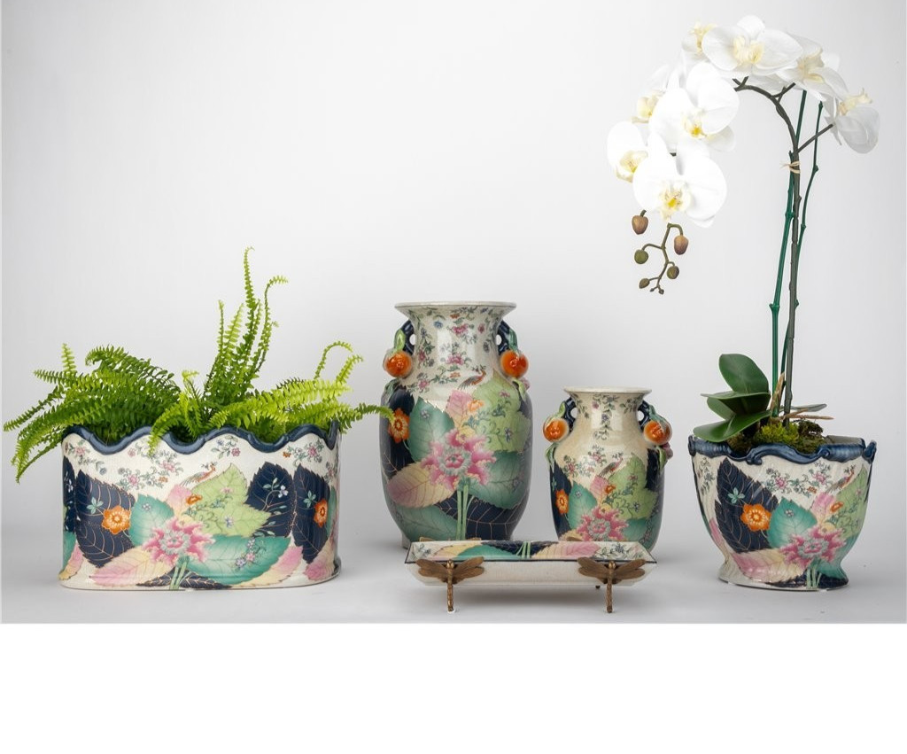 Chinoiserie Porcelain Tobacco Leaf with Pomegranate Handles-12.5''H