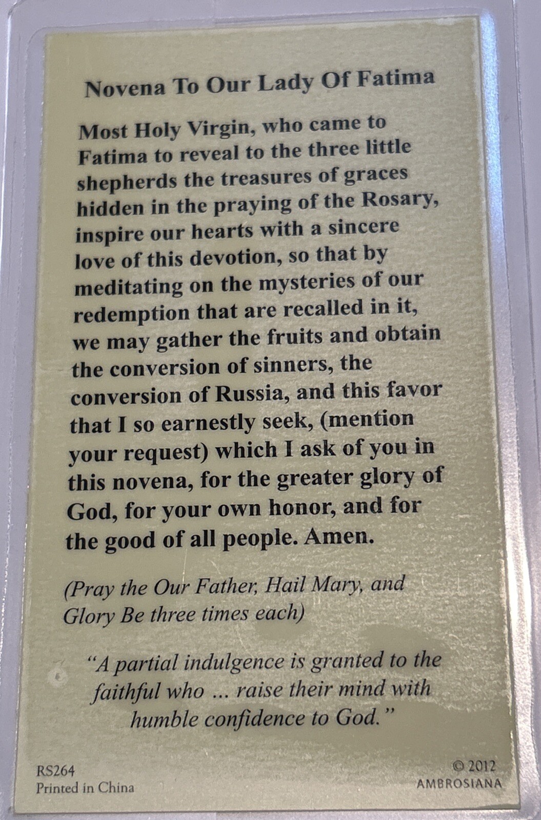 Holy Card “Novena To Our Lady Of Fatima” Laminated Prayer Card