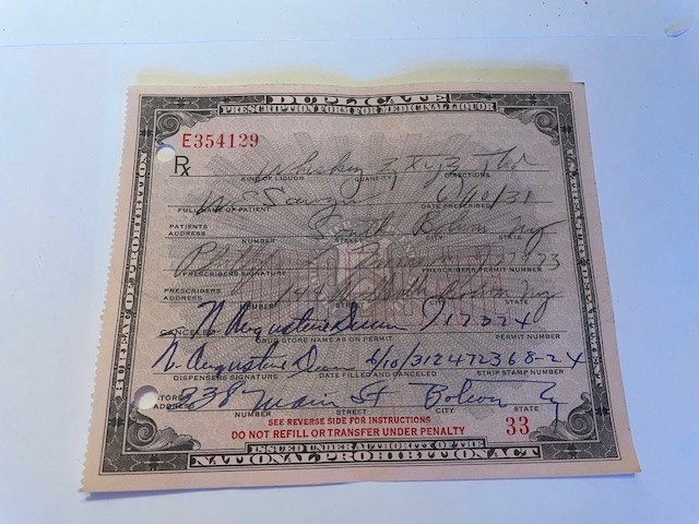 Early 1930's Prohibition Prescription for Medicinal Liquor - Quantity 1