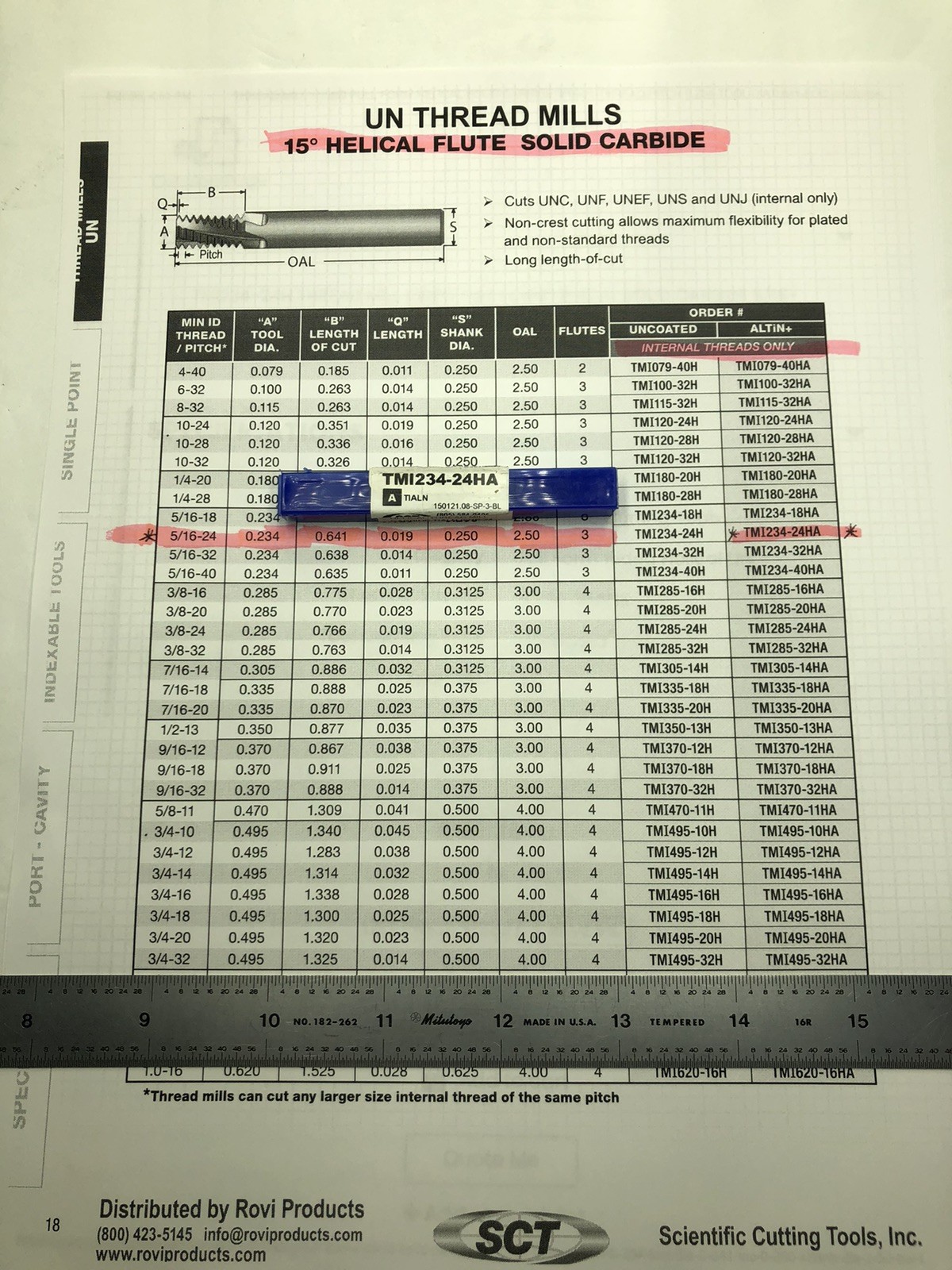 NEW SCT  TMI234-24HA Helical Solid Carbide Thread Mill 5/16-24 15DEG See Photos.