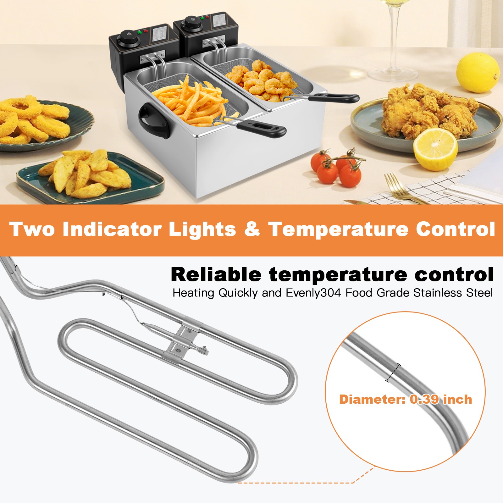 8L Electric Deep Fryer Dual Tank Commercial Restaurant Countertop 5000W With Lid