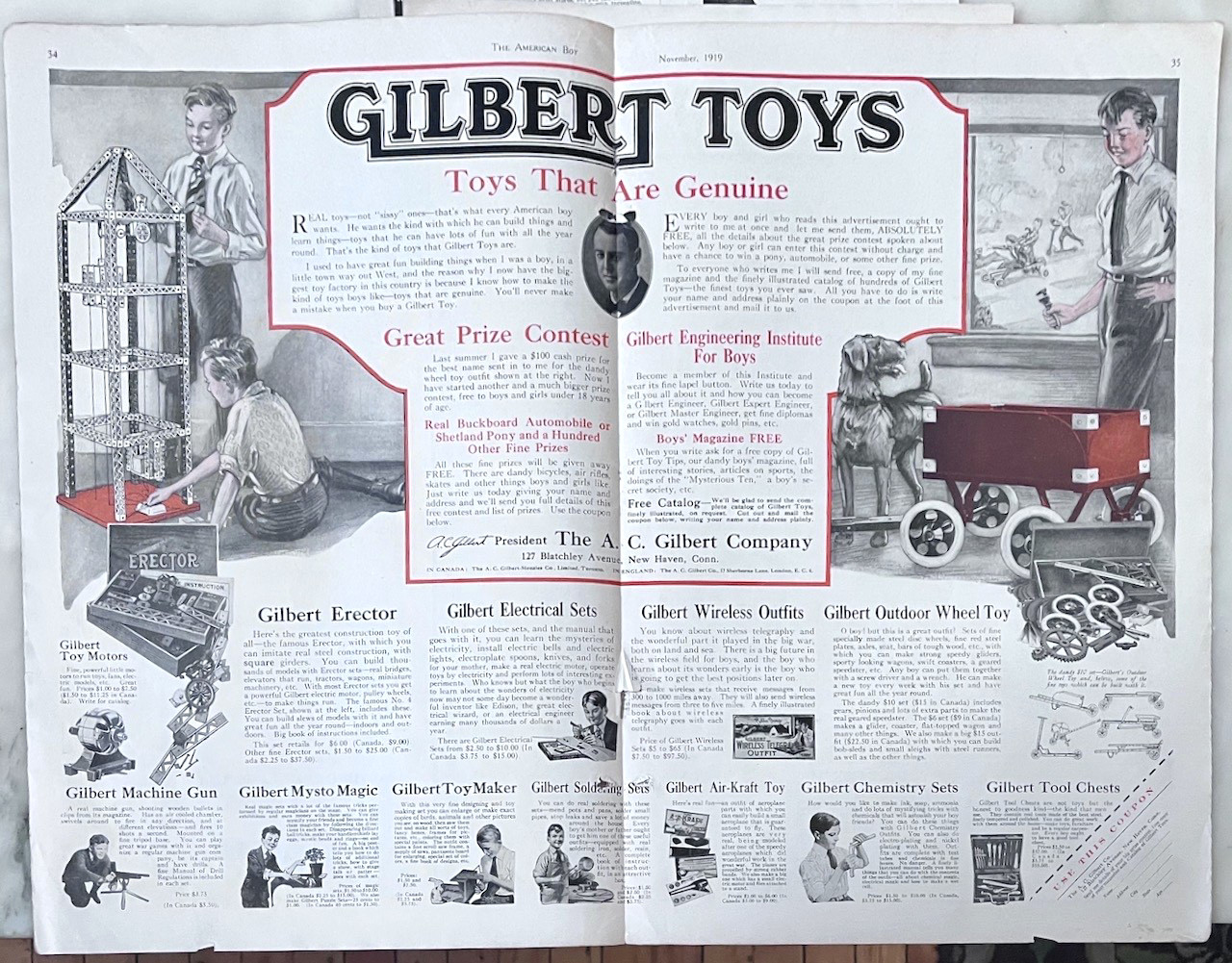 1919 double page magazine ad for Gilbert Toys - Erector sets, Wheel Wagon & more