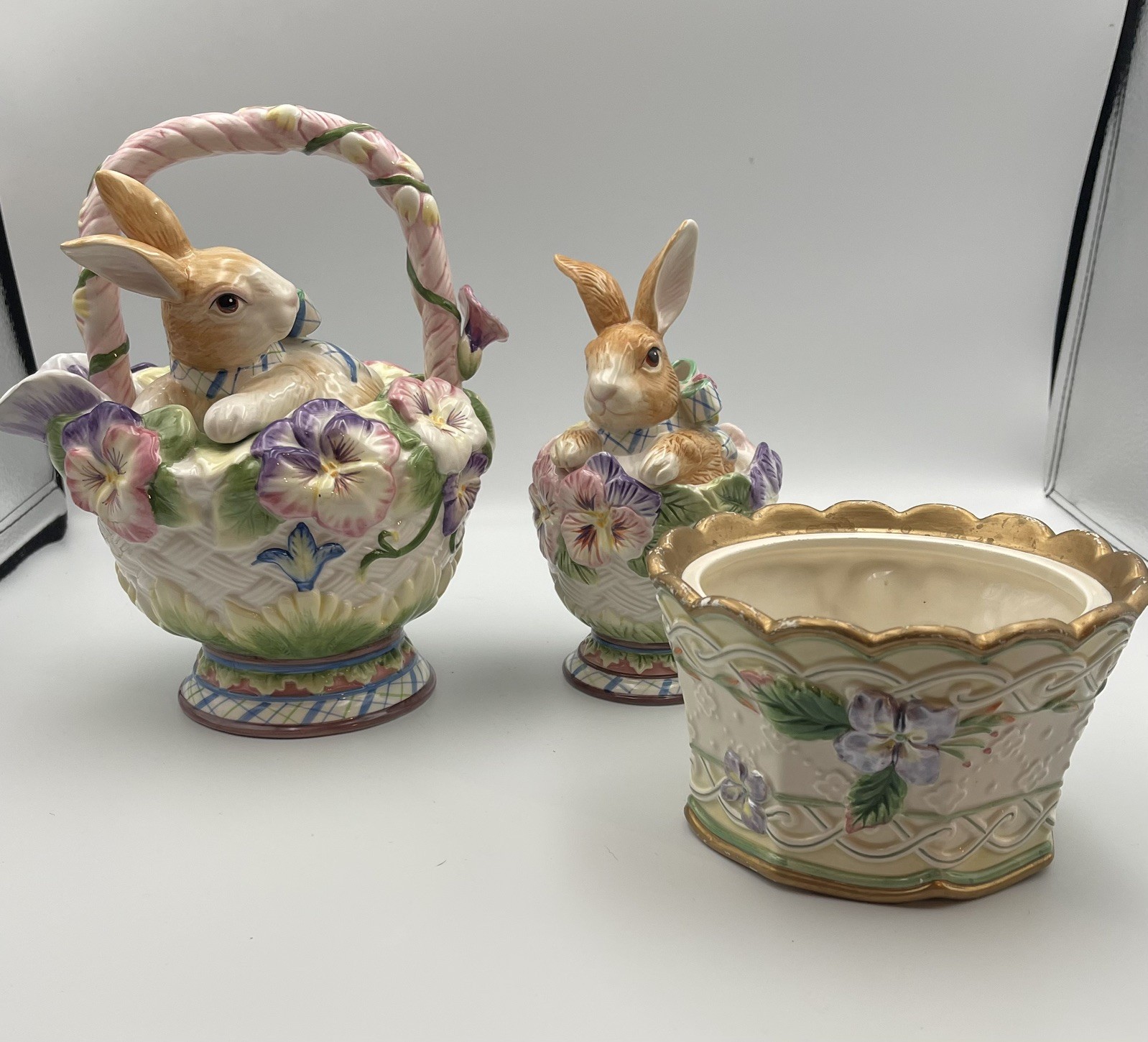Fitz & Floyd Halcyon Bunny Teapot Sugar Jar Planter Set Easter Spring Floral