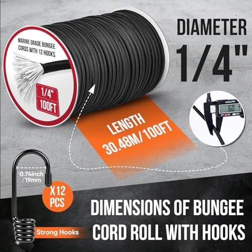 Cuerdas elásticas ajustables con ganchos resistentes, paquete de 12, color negro