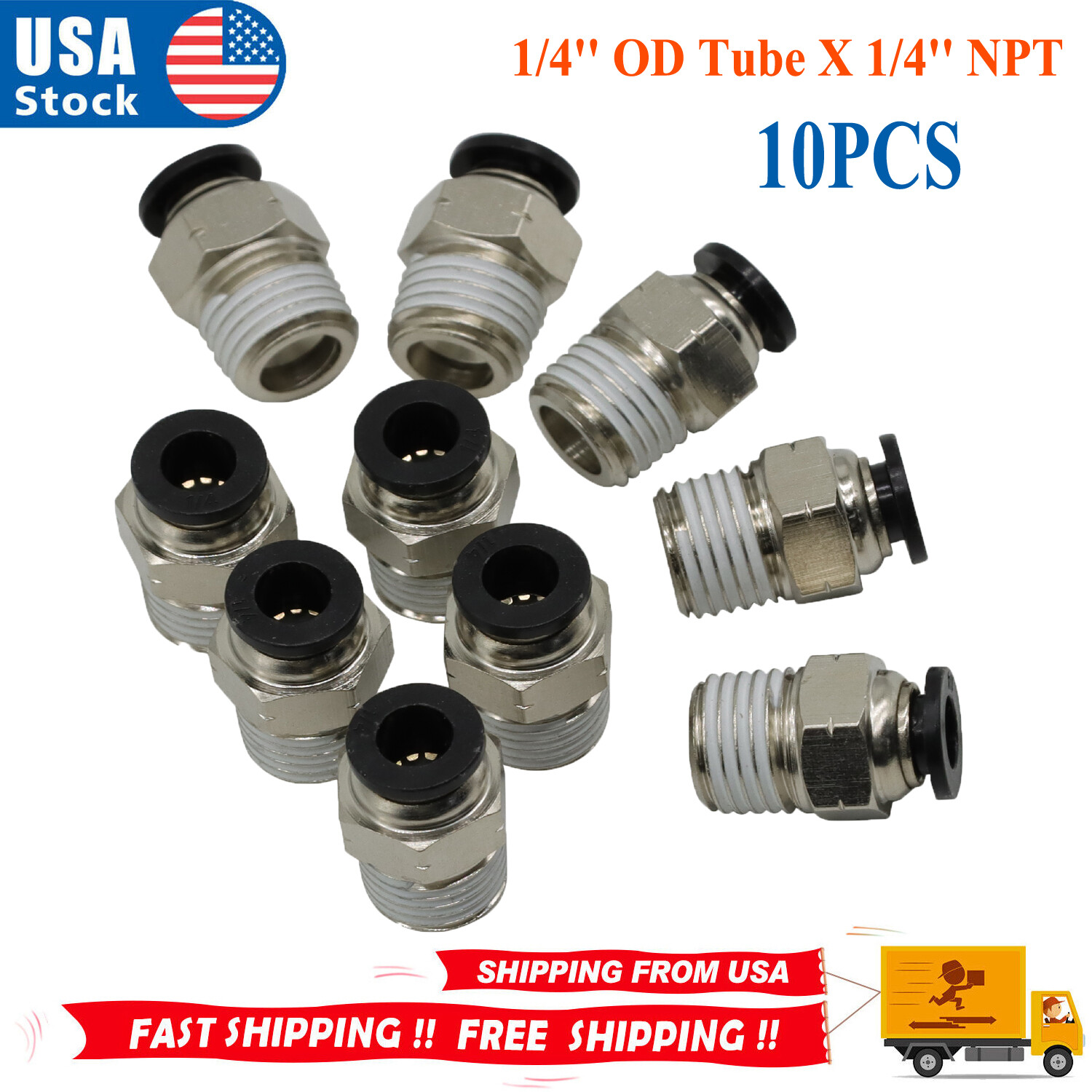 1/4" OD Tube X 1/4" NPT Pneumatic Fitting, Push to Connect Air Fitting (Qty 10)
