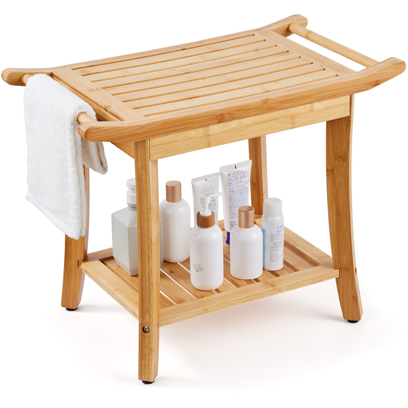 VEVOR Bamboo Shower Bench 24 x 13.8 x 18.9 in Shower Stool Chair w/Storage Shelf