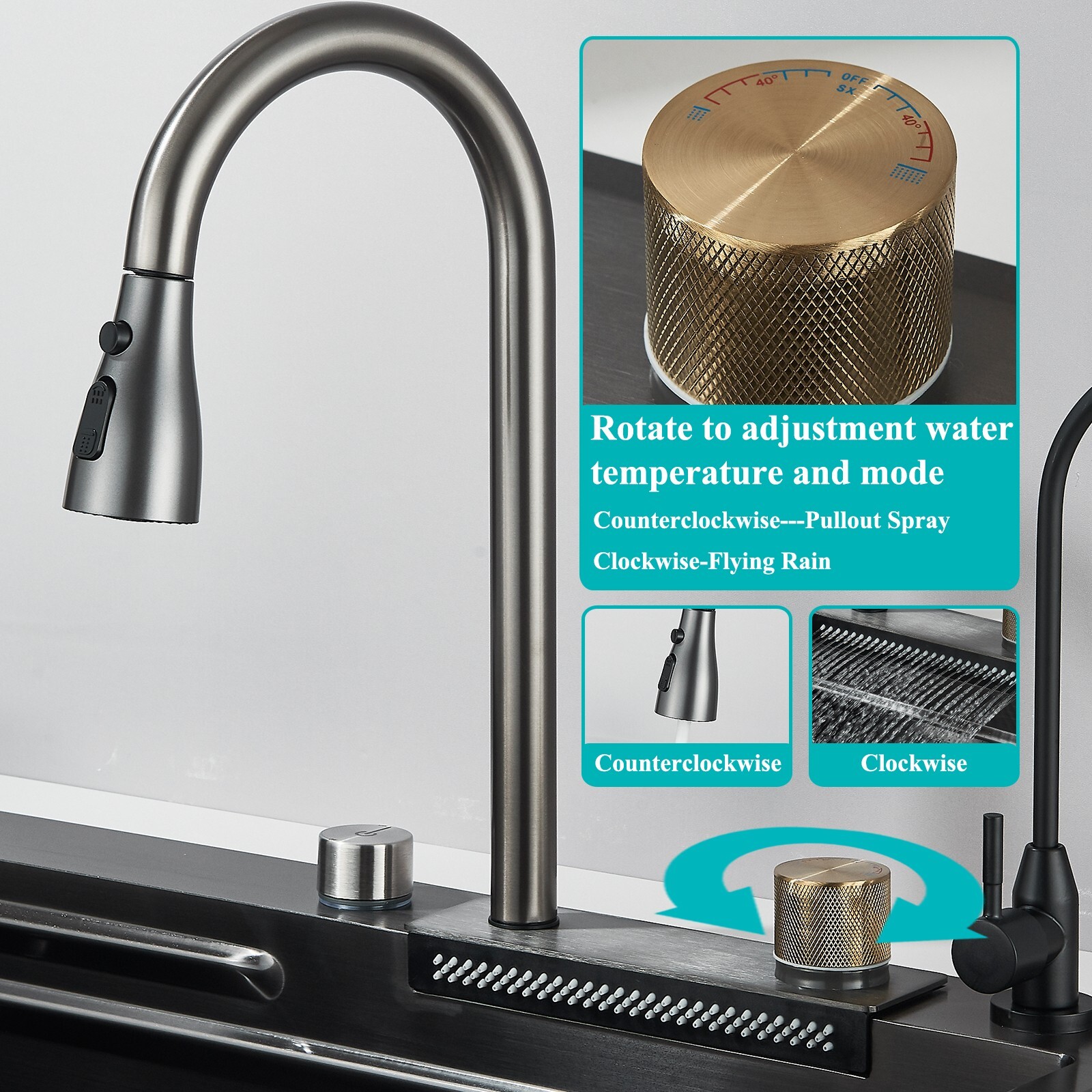 31.5" Flying Rain Stainless Steel Waterfall Kitchen Sink with Faucet Single Bowl