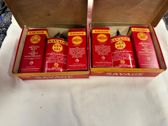 Savage Arms Gun Cleaning Kit Oil Tin RustVeto Gun Grease Solvent 3pk Vintage LOT