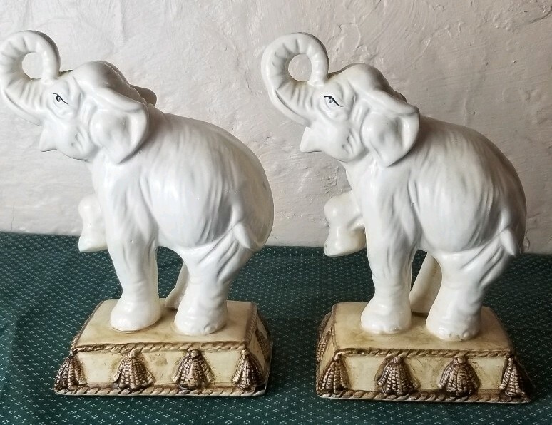 Vintage Ceramic Elephants White Trunk Up Foot Up Figurine 7.5" High