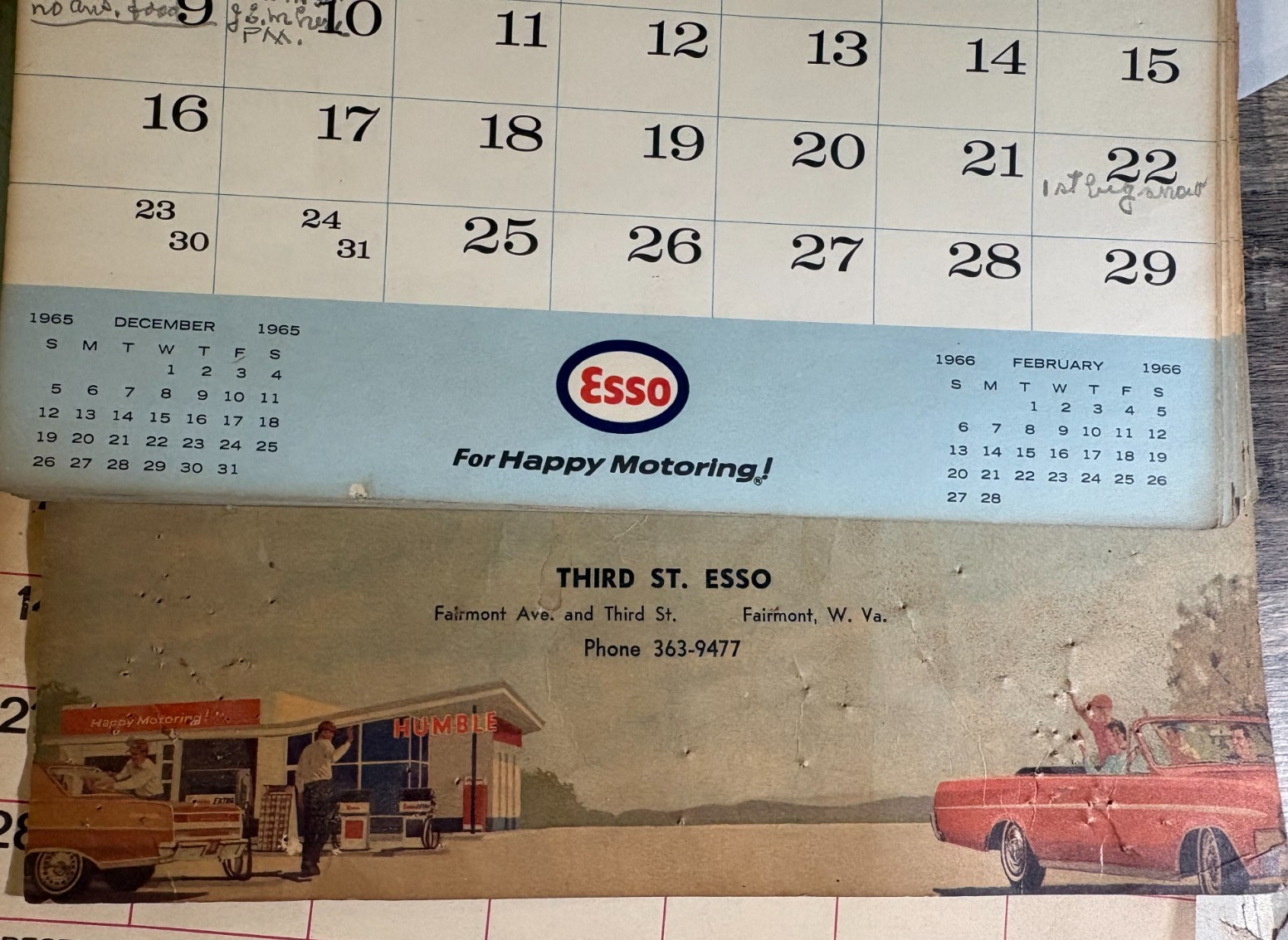 Q - Vintage 1966 THIRD STREET ESSO Gas Service Station FAIRMONT WV Calendar