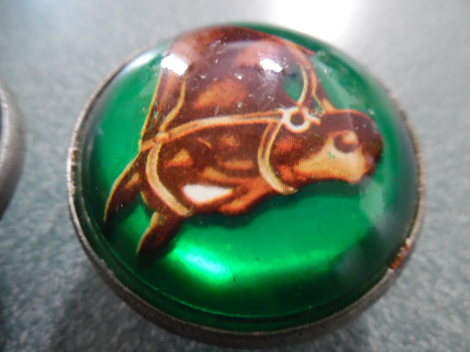 Vintage Pair Bridle Rosettes H.A. Chapman Horse Head Domed Green Glass 1960s