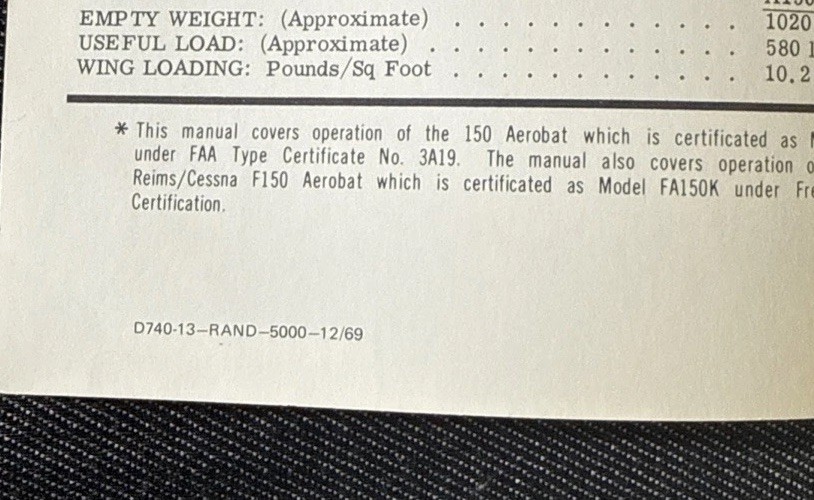 Cessna Owner's Manual 1970 Aerobat (A150K) NOS Estate Find CWO Flight Instructor