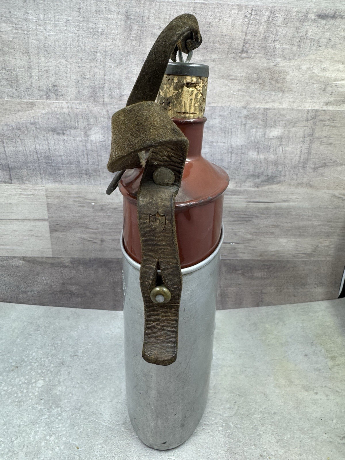 Vintage Swiss Army Canteen Enamel Water Bottle w/ Cork & Leather Strap 8.5”