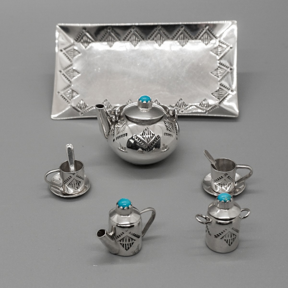 TEN PIECE MINIATURE TEA SET STERLING with TURQUOISE by WESLEY WHITMAN–NAVAJO