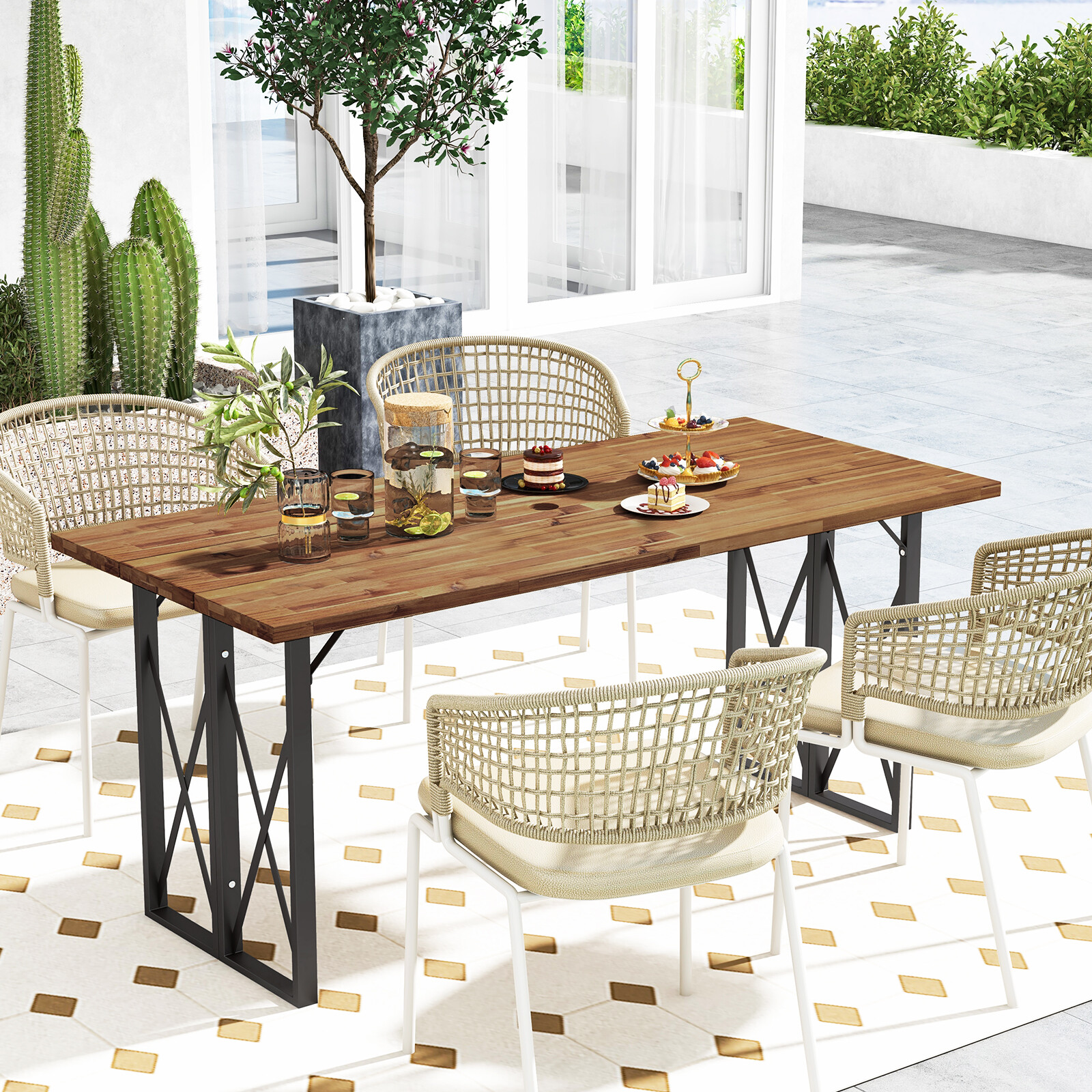 Patio 67" Rectangle Table Heavy-Duty Acacia Wood Dining Table with Umbrella Hole