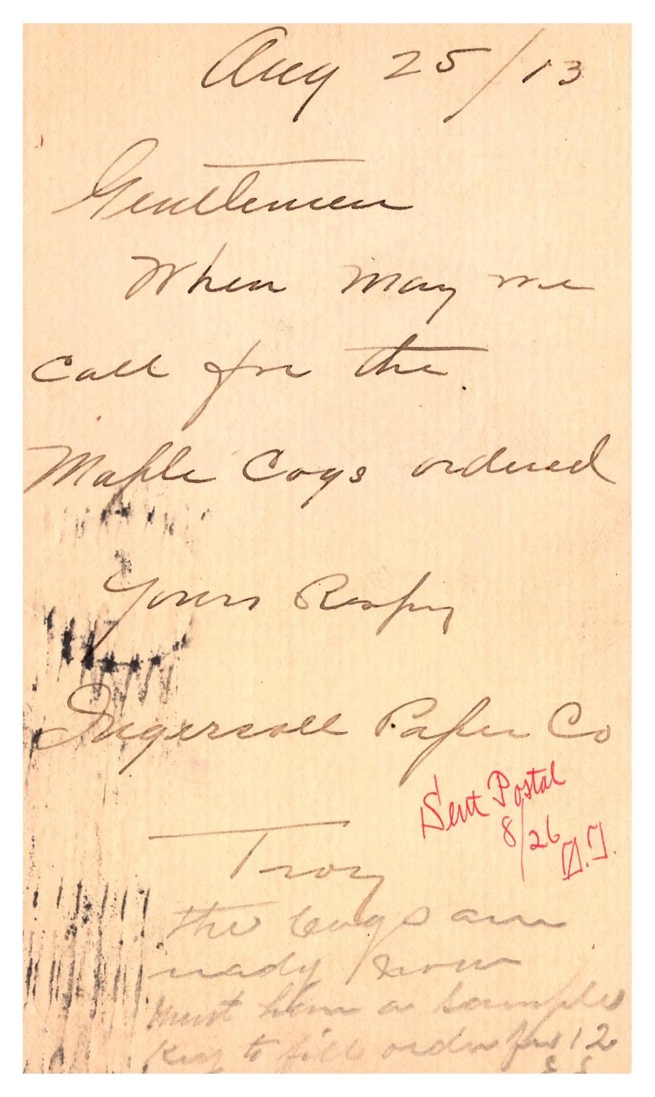 1913 Handwritten Postal Card from Troy NY Townsend Machine Co