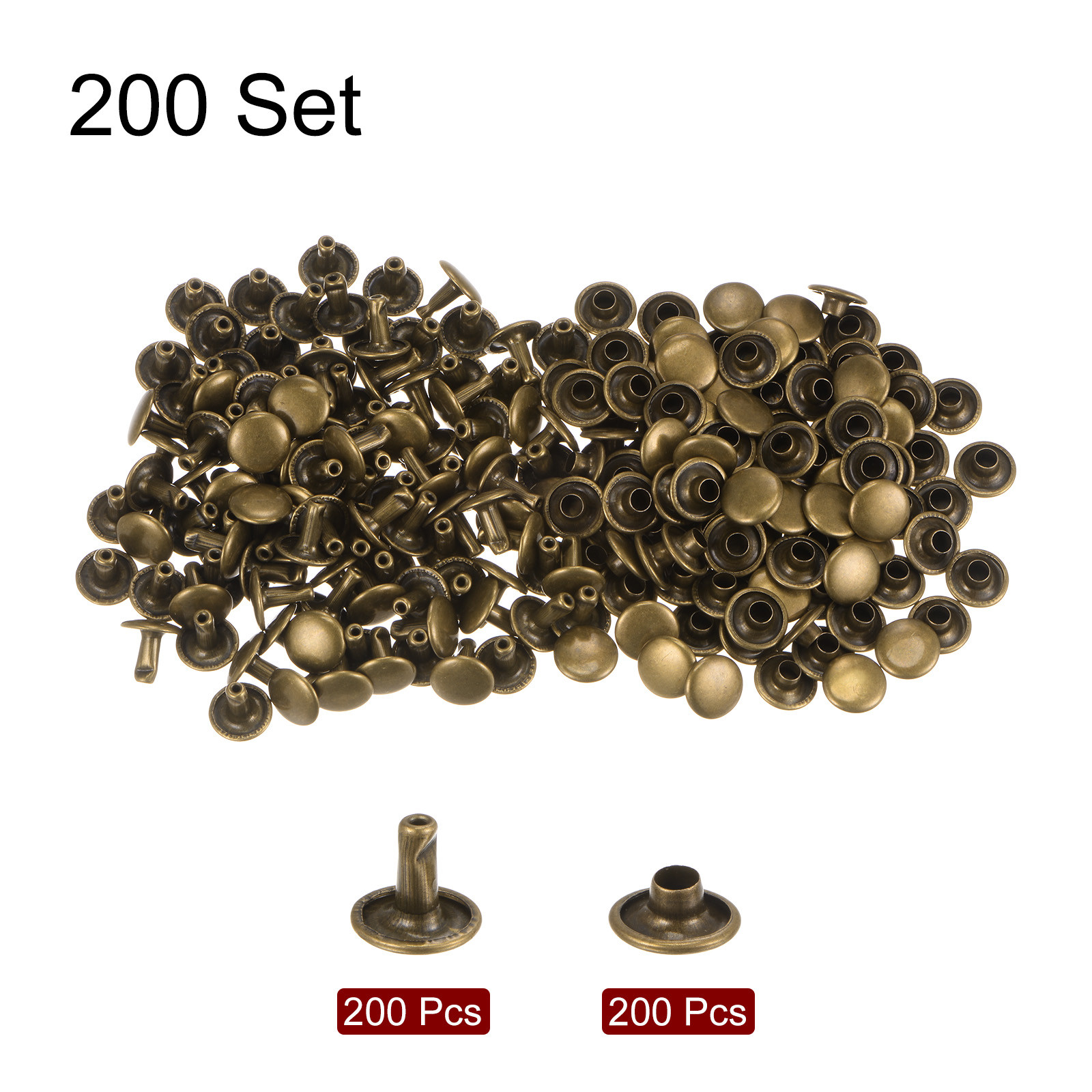 200 Sets Leather Rivets 9mm x 8mm Metal with 3 Setter Tools Bronze