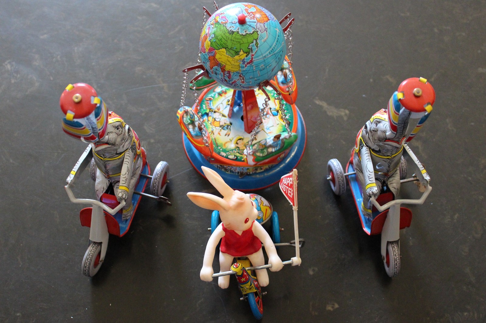 Vintage Toys Schylling Tin Elephant on a Bike, Spinning Globe,Happy Easter Bunny