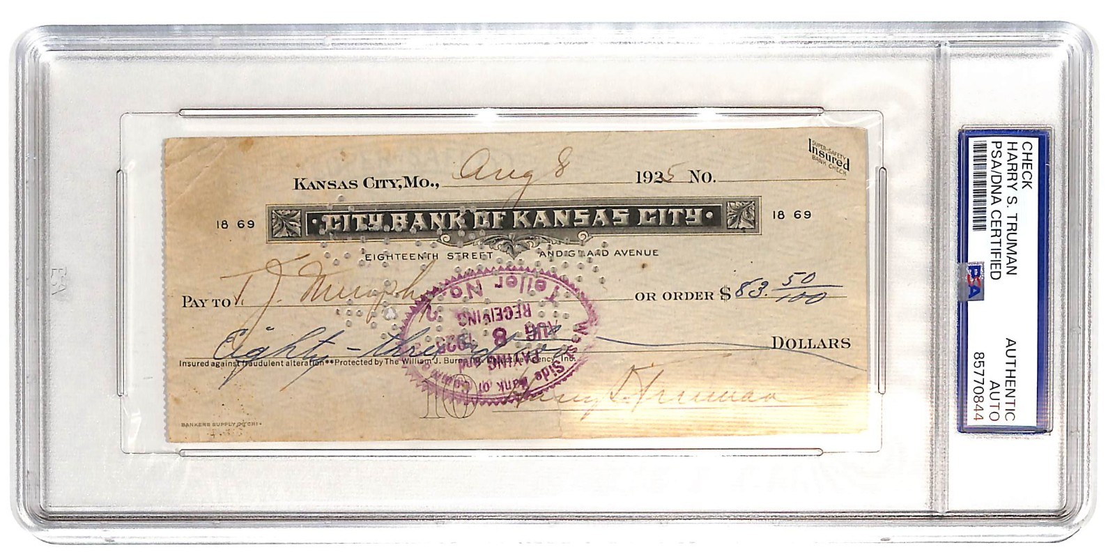 Harry S Truman signed bank check 1935 PSA/DNA