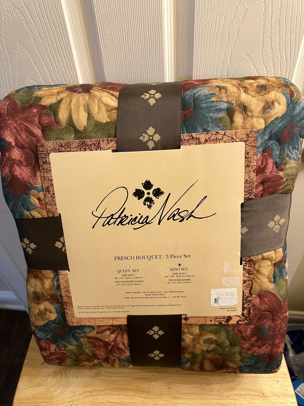 New Patricia Nash Fresco Bouquet Floral King Quilt & Pillow Shams Set 3pc